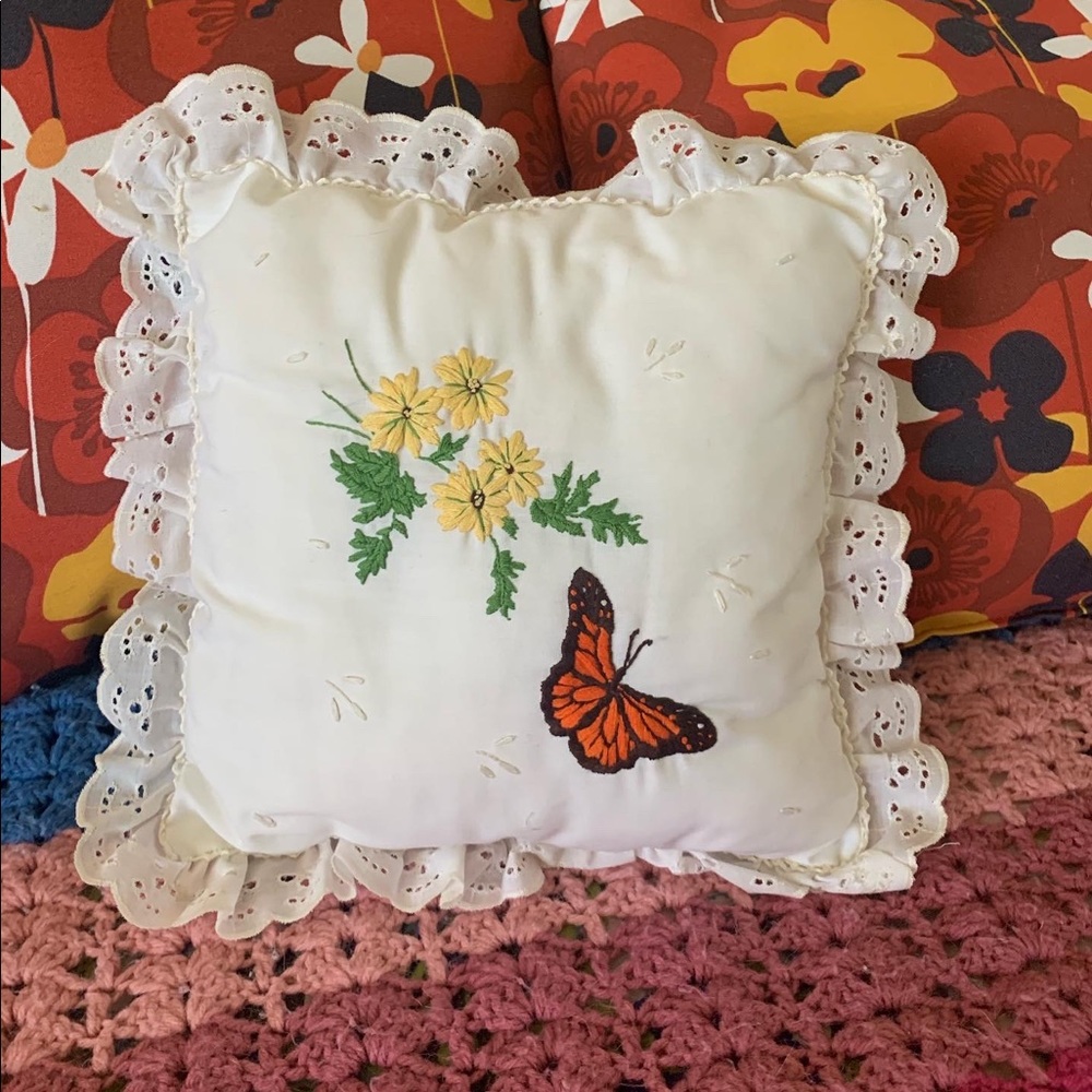 Embroidered butterfly throw pillow